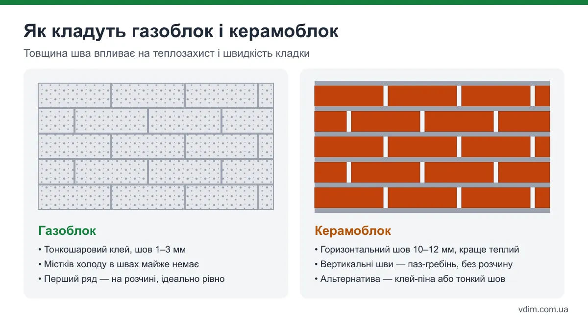 Порівняння кладки: тонкий клейовий шов газоблоку і розчинний шов керамоблоку з паз-гребенем