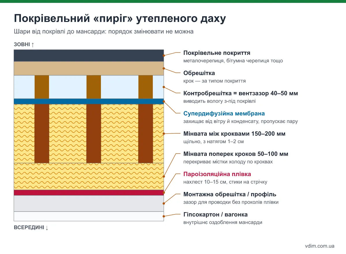Покрівельний пиріг утепленого даху: покрівля, вентзазор, супердифузійна мембрана, мінвата, пароізоляція