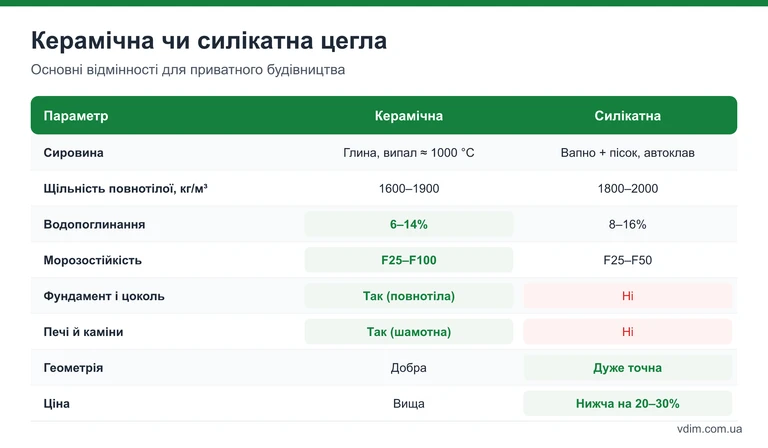 Таблиця порівняння керамічної та силікатної цегли за міцністю, теплопровідністю, водопоглинанням і сферою застосування