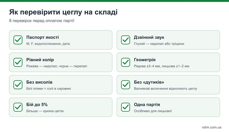 Чек-лист: як перевірити якість цегли при купівлі — сертифікат, геометрія, звук, колір, висоли, недопал і перепал