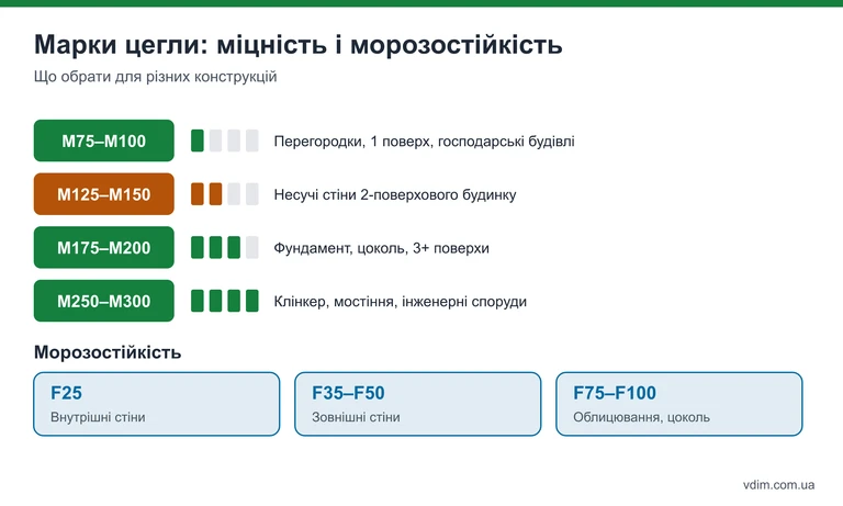 Інфографіка: марки міцності цегли від М75 до М300 і морозостійкість F25–F100 з рекомендаціями застосування