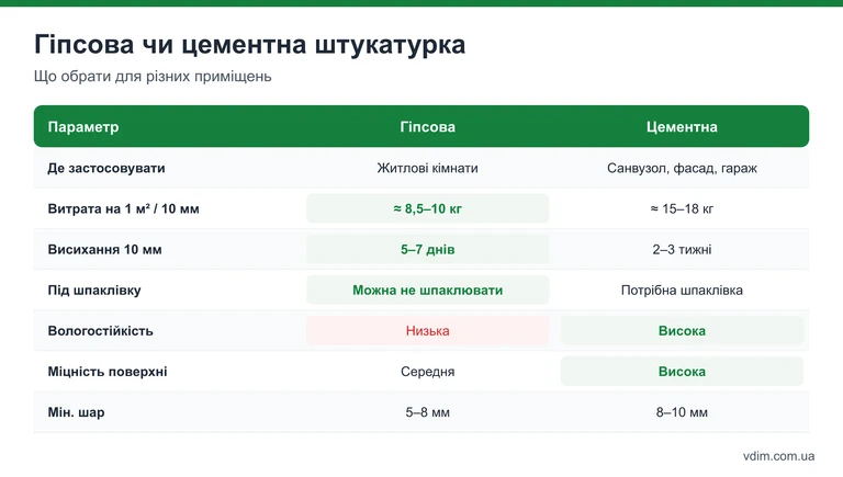 Таблиця порівняння гіпсової і цементної штукатурки: застосування, витрата, висихання, вологостійкість і міцність