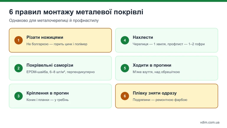 Інфографіка: 6 правил монтажу металочерепиці та профнастилу — обрешітка, нахлести, саморізи, різання, ходіння по даху